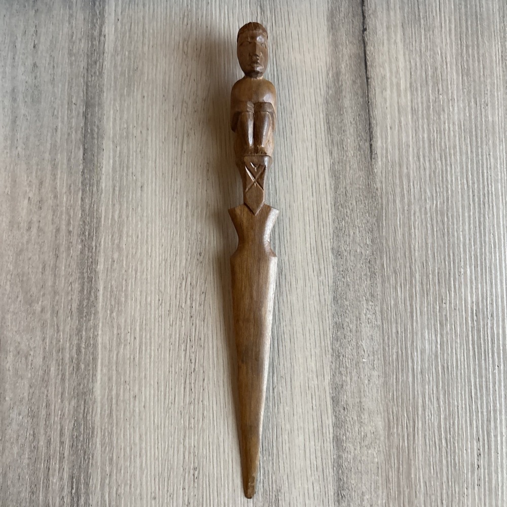 Vintage 9” African Tribal Carved Brown Wood Letter Opener Souvenir Handmade
